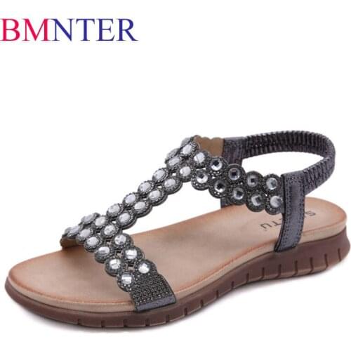 BMNTER Bohemian Summer Shoes Sweet Womens Sandals High Quality Rhinestones Casual Plus Size 36-41 Flats Beach Shoes Sandalias qq