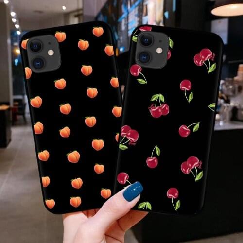 Black Silicone Red Cherry Pattern Phone Case For iPhone 11 Pro Max 8 7 6 6S Plus 5S SE 2020 X XR XS Max Peach Back Cover Coque