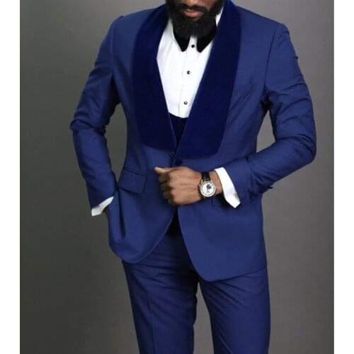 Royal Blue Groom Tuxedos for Wedding with Velvet Shawl Lapel Slim Fit Formal Men Suits 3 Pieces Jacket Vest Pant African Fashion