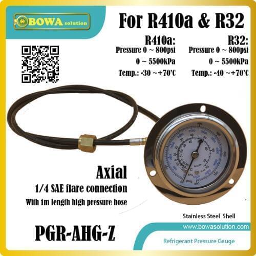 0~800psi Oil filled Pressure Gauge with 1m hose is monitoring discharge pressure & temp. in R410a water chiller & heat pump