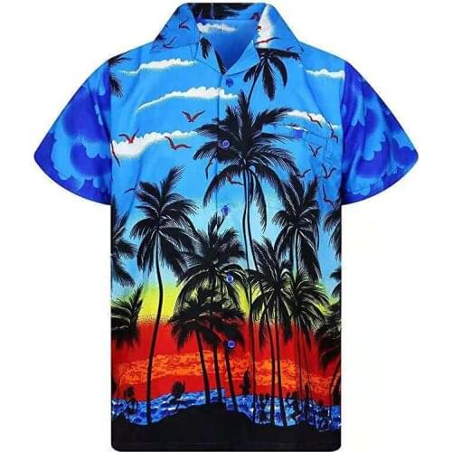 2021 New Hawaii Beach Print Mens Tshirts Summer Tops Short Sleeve Trun-Down Collar Casual Shirt Men Clothing Button Up Shirts