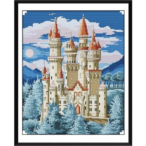 Blue Castles Stamped Cross Stitch Kit Needlework DIY for Beginner Adults Preprinted Cross Stitch Stamped Kits Beginner