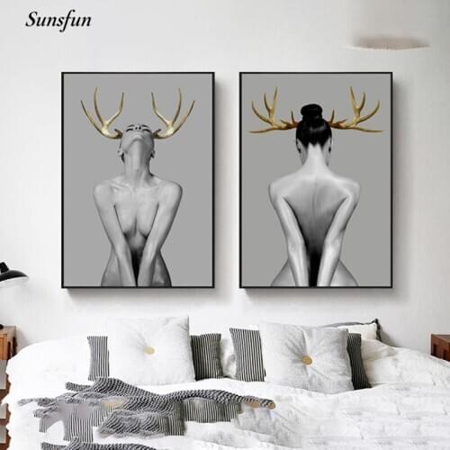 Black White Character Elk Girl Wall Art Canvas Posters Prints Nordic Abstract Painting Minimalist Wall Pictures for Living Room