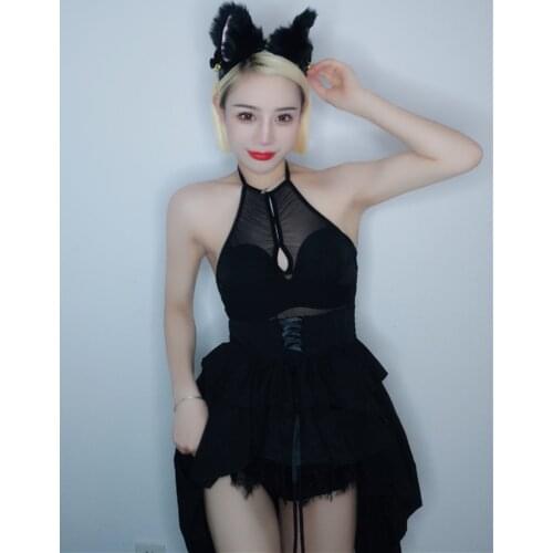 New European American Costumes Bar Ds Stage Costumes Sexy Gogo Black Modern Jazz Dance Dovetail Suit Performance Wear DN9121