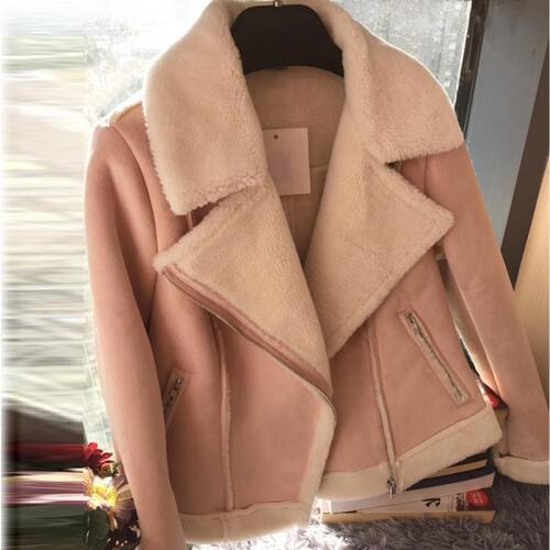New Arrivals Winter Women Fur Coats Korean Fashion Woman Motorcycle Leather Lamb Fur Coat Female Velvet Overcoat Pink A343
