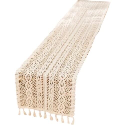 New Elegant Cream Crochet Lace Macrame Table Runner with Tels for Rustic Wedding Decoration and Farmhouse Table Decor