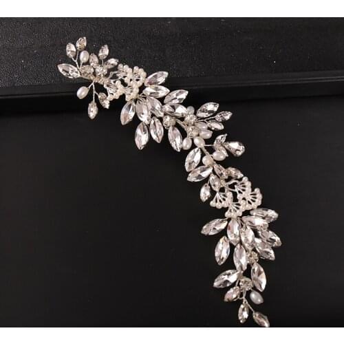 New Design Simulated Pearls Headbands Big Crystal Leaf Hairbands Wedding Hair Accessories Silver Color Women Jewelry Headpiece