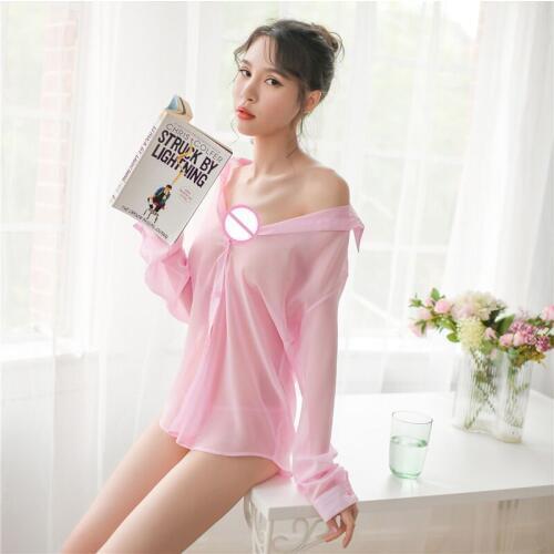 Plus Size M Black/Pink 2018 Hot Sexy Romantic Lady Sheer Chiffon Perspective Lingerie Deep V Erotic Sleepwear Full Slips