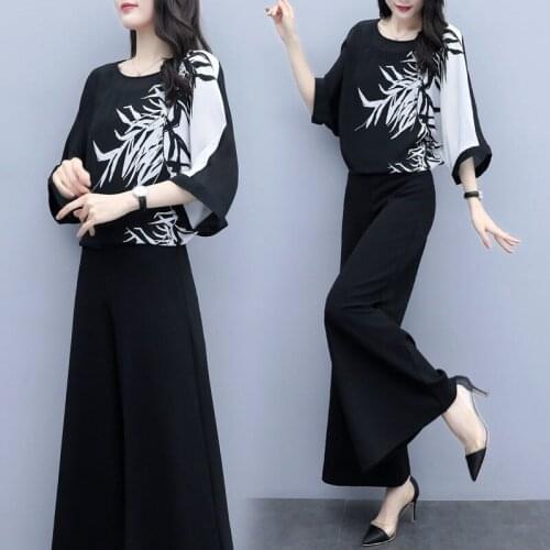 Womens Outfits 2021 Summer New Casual Two Piece Set Wide Leg Pants Chiffon Print Crop Top Fashion Suit Plus Size Women Clothing