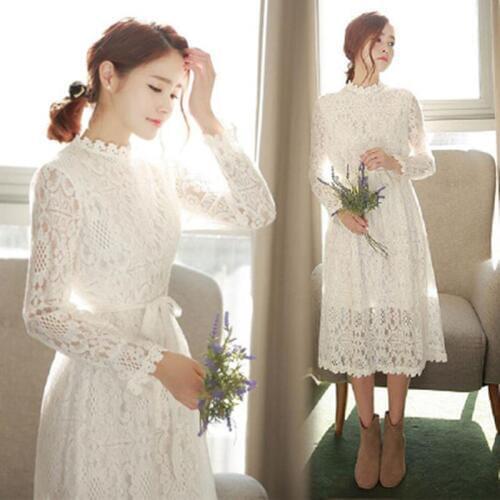 New 2020 Fashion Spring Full Lace Lady Elegant Long Dresses Women O-neck White Slim Vestido Mujer DR739
