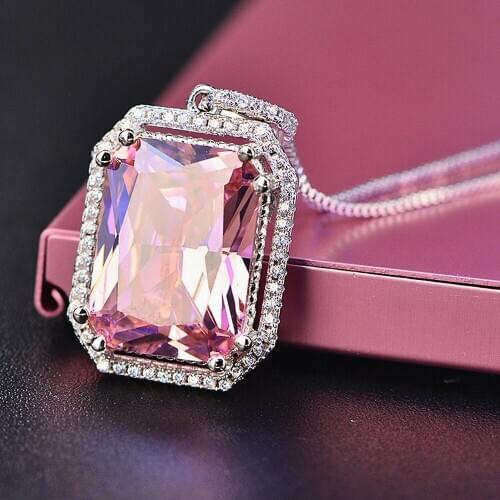 Big square pink crystal zircon diamond gemstones pendant necklaces for women 18k white gold silver 925 jewelry bijoux bague gift