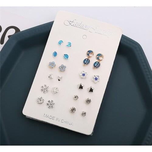 12 Pairs Cute Stud Earrings For Women Teens Girls Korean Fashion Flower Snowflake Star Moon Trendy Earrings Fashion Jewelry