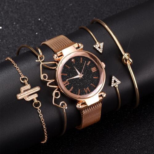 Bracelet Watch Set Luxury Women Watches Magnetic Starry Sky Female Clock Quartz Wristwatch Fashion Ladies Wrist Watch 5pcs Set