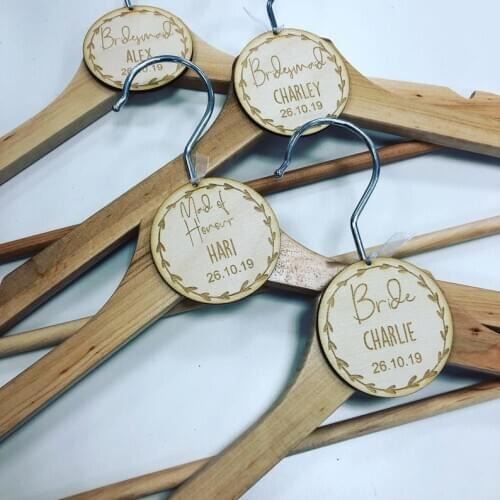 Personalised wedding hanger with leaf tag, bride hanger, bridesmaid hanger, wooden wedding dress hanger