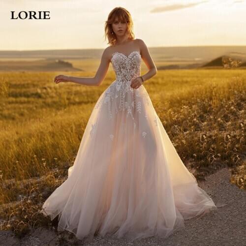 LORIE Vintage Lace Wedding Dress Strapless A Line Puffy Tulle Bride Dresses With Shawl Boho Wedding Gown Vestidos de novia