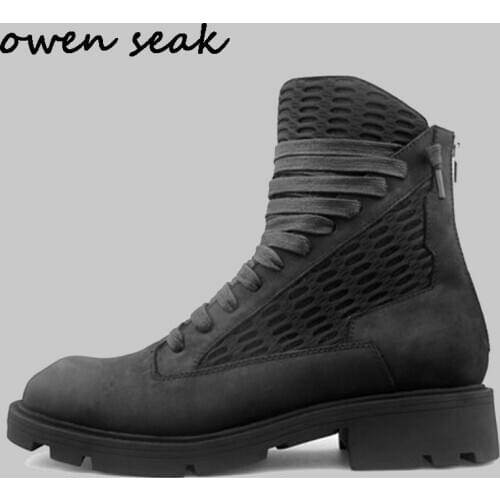 2018 Owen Seak Men Shoes High Ankle Luxury Adult Trainers Genuine Leather Winter Boots Lace Up Casual Zip Flats Black Sneaker