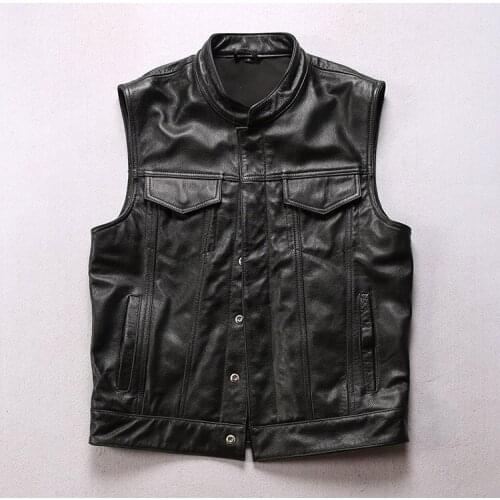 Mens Genuine Leather Motorcycle Biker Vest Black Riding Leather Sleeveless Jackets Cowhide Waistcoat S-7XL