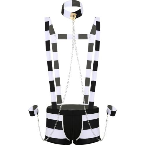 Mens Prisoner Costume Underwear Role Play Halloween Holiday Cosplay Costume Boxer Shorts with Hat Collar and Wristbands