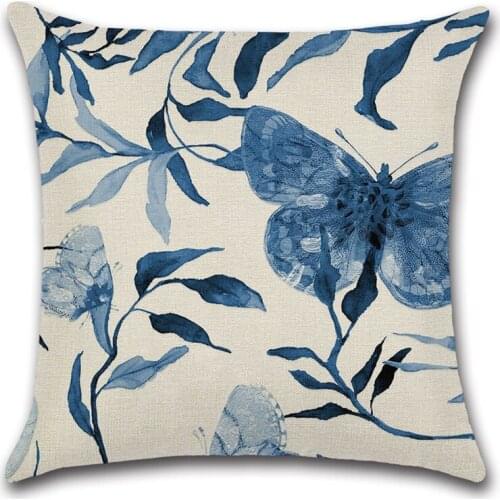 Butterfly Cushion Cover Blue-and-White Pillowcase Fashion Throw Pillow Linen Decorative Pillows for Sofa Bed Car