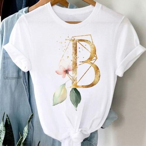 New Alphabet T Shirt Floral Geometric Polygon Monogram B Printed Tops Tee Female Summer Cute T-shirt Women Short Sleeve Tops Tee