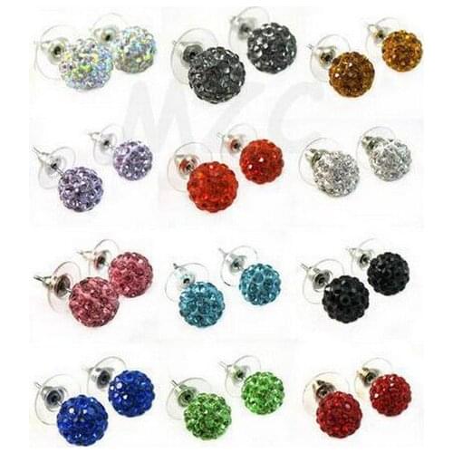 Wholesale 10mm mix 15 random color Crystal Beads fashion Silver Plated Earrings Stud Jewelry hxr32