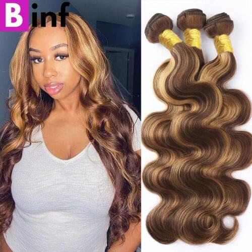 Body Wave Bundles P4/27 Ombre Brown Human Hair Bundles 1/3/4 Bundles Deal Peruvian Remy Hair Bundles Double Weft For Black Women