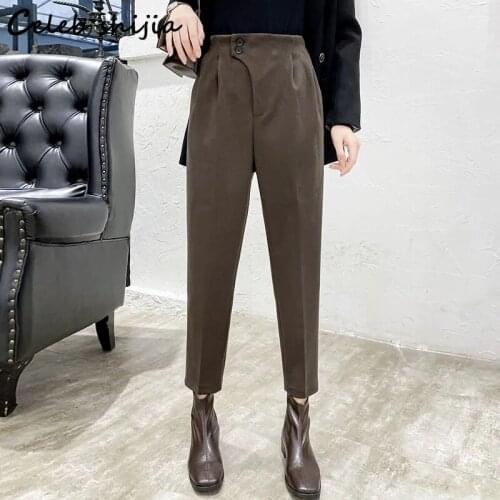 High Waist Woolen Harem Pants Woman Dark Khaki Autumn Winter Elegant Wool Trousers Female Korean Business Work Pants Fall