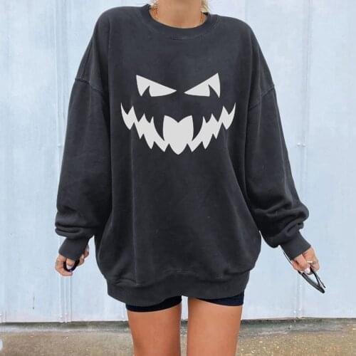 Halloween Print Sweatshirt Vintage Women Hoodies Gray Cotton Autumn Winter Pullovers 2021 New Casual Streetwear Girls Hoodie