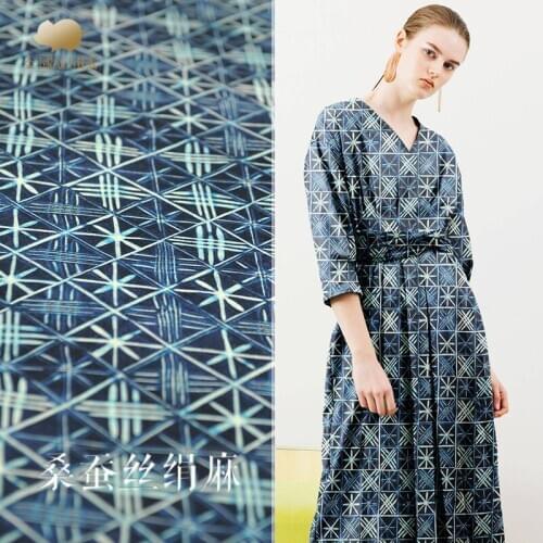 Plaid Printed Mulberry Silk Silk Linen Digital Silk Linen Blended Fabric Silk Hemp Cloth High Fashion Material