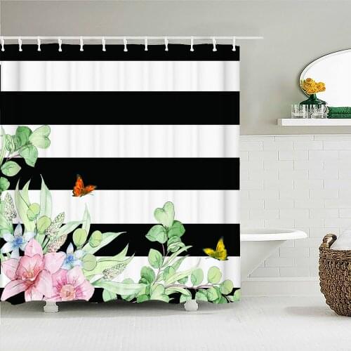 Roses Sunflowers Black and White Stripes Valentines Day Art Shower Curtain Waterproof Bathroom Decoration Home Furnishing