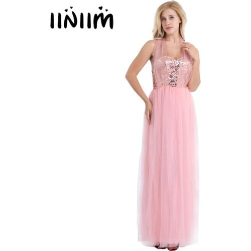 Pearl Pink Women Ladies Strapless Shiny Sequins Mesh Bridesmaid Wedding Casual Elegant Dress Long Evening Party Prom Gown Dress