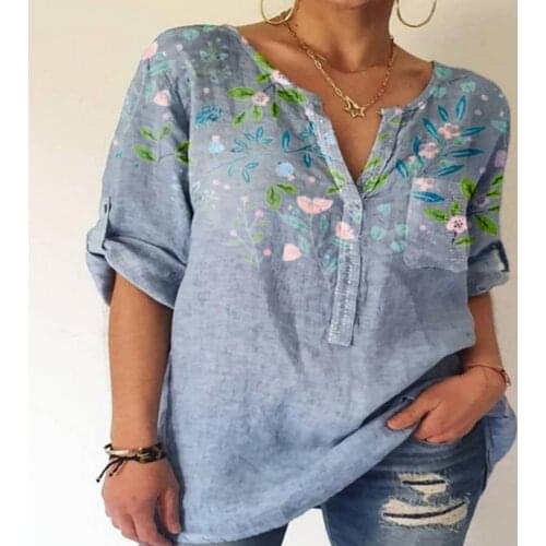 Summer Casual Street Style Top Floral Print V Neck Women Elegant Half Sleeve All Match Blouse Streetwear Oversized Tops Pullover