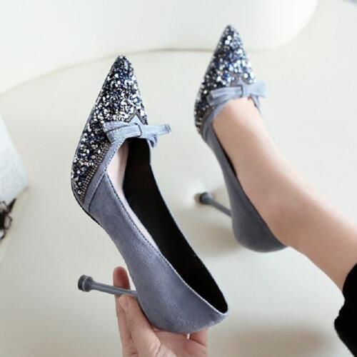 2019 Spring Summer Autumn Shallow Thin High Heels Crystal Flock Slip-On Women Pumps Pointed Toe Butterfly-knot Lady Shoes 190501