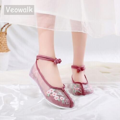 Veowalk Summer Women Soft Gauze Hanfu Flat Shoes Ankle Strap Retro Ladies Casual Breathable Ballet Flats Superb Light Ballerinas