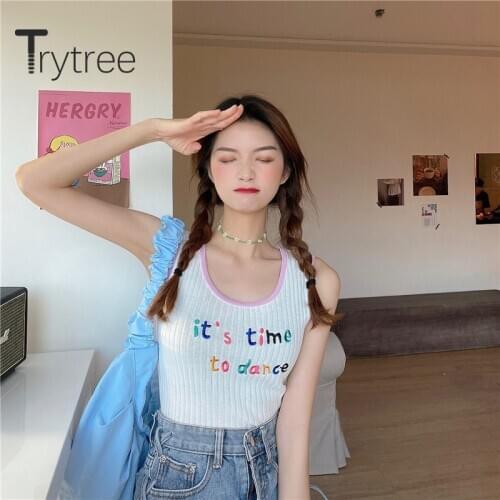 Trytree 2020 Summer Woman Casual Vest O-neck Letter 5 Color Knitting Embroidery Lovely All-Purpose Style Slim fit Vest Tops