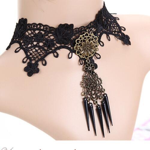 12 Pieces/Lot Vintage Gothic Lace Charm Necklaces For Women Retro Hollow Flower Circle Tassel Pendant Necklace Statement Jewelry