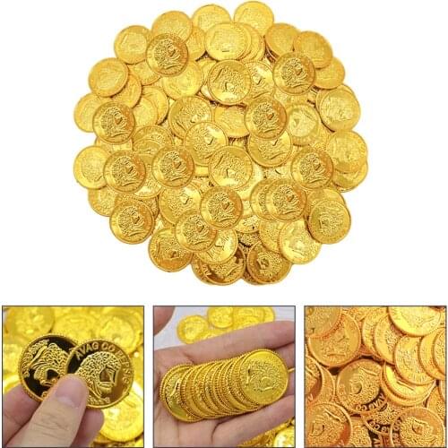 200pcs Durable Kids Game Gold Coins Pirate Gold Coins Cosplay Prop Treasure Plastic Game Coin Party Favor