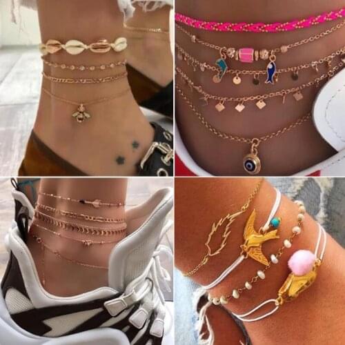 5PCS Ankles Set Boho Jewelry Bohemian Gold Chains Star Beads Charm Bracelets For Women Anklet Foot