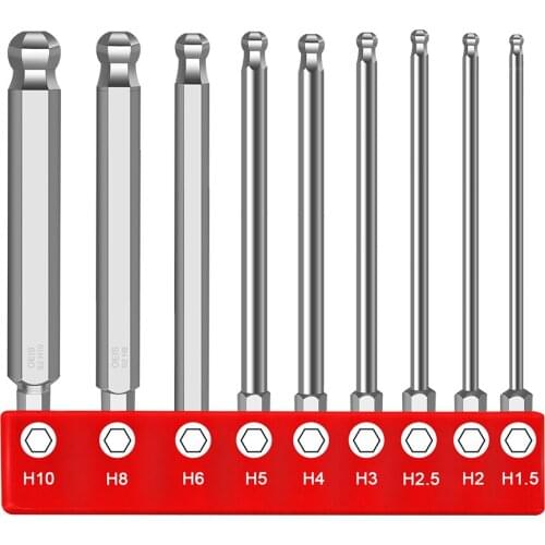9pcs Ball End Hex Screwdriver Bits Set Metric Allen Hex Bit 100mm Long Magnetic Ball Head Driver Bit