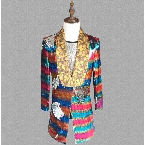 Colorful flip sequins blazer men long suits designs jacket mens stage singers clothes dance star style dress punk rock masculino