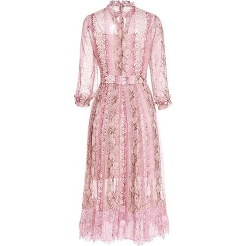 Womens 2019 Spring Summer New High Quality Dress Elegant Fresh Sweet Printed Wooden Ear Collar High Waist Pleated Ladies dress