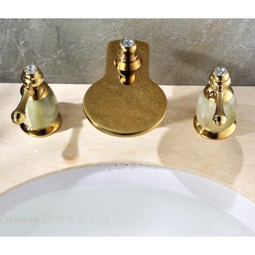 European antique marble double the three-hole waterfall natural jade gold-plated copper basin taps full eight inches