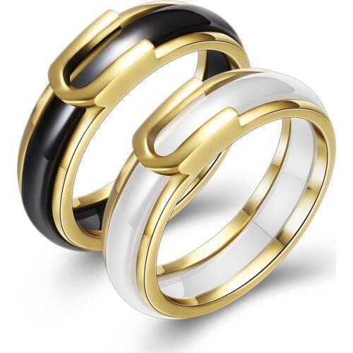 Gold Color Creative Women Ring AAA CZ Crystal White Black Ceramic Rings Wedding Bands Fashion Jewelry