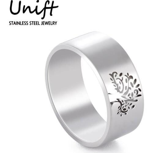 Unift Hollow Chunky Stainless Steel Ring for Women Men Viking Clover Tree of Life Finger Rings Vintage Jewelry Wedding Band