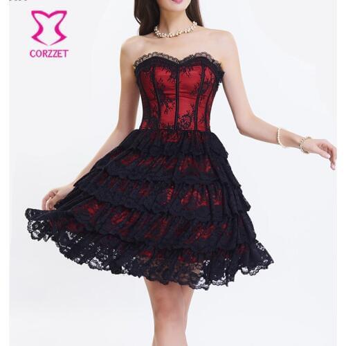 Corset Dress Red Satin&Lace Victorian Gothic Overbust Corsets And Bustiers Waist Trainer Party Costume Steampunk Corselet