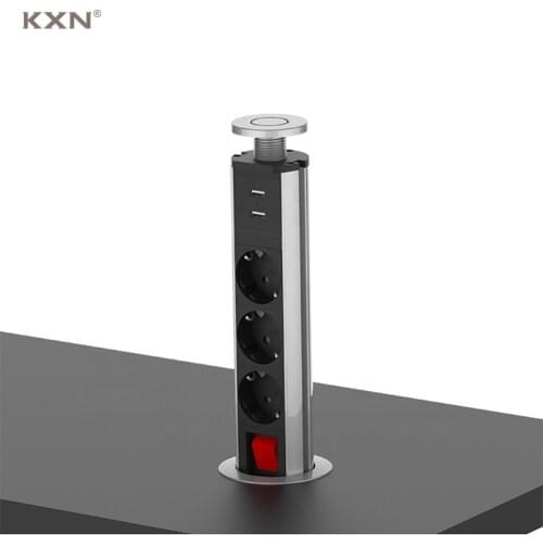 KXN Manual Power Tabletop Retractable Socket EU Standard Kitchen Pop Up Sockets with 2 USB Charging Port