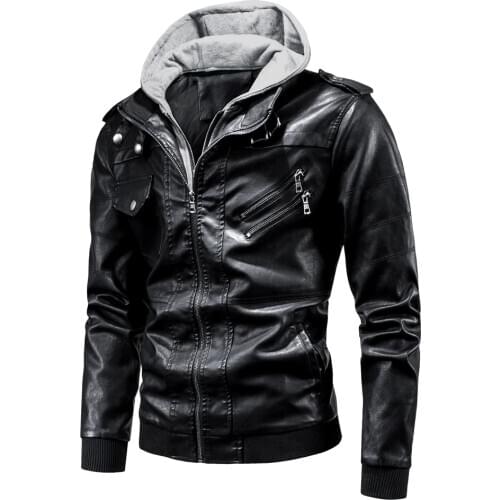 Mens 2020 Spring Leisure Locomotive Hooded PU Leather Jacket Fall Outer Fashion Down Jacket Punk Hat Mens Leather Jacket