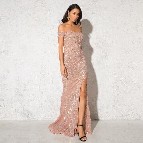 Slash Neck Off The Shoulder Stretch Sparkle Zipper Split Sequin Lining Padded Evening Maxi Dress Rose Gold Green Silver