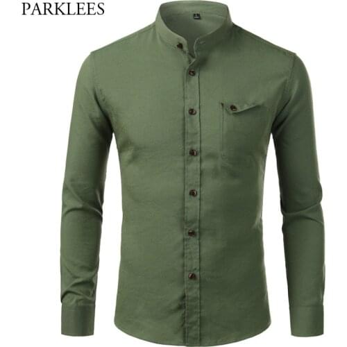 Stand Collar Solid Shirt Men Brand New Long Sleeve Mens Button Up Shirts with Pocket Casual Slim Fit Mens Dress Shirts Chemise