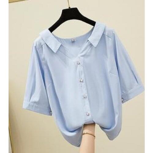 V-neck loose Korean Short Sleeve Chiffon shirt fat mm2021 summer new large foreign pure color top